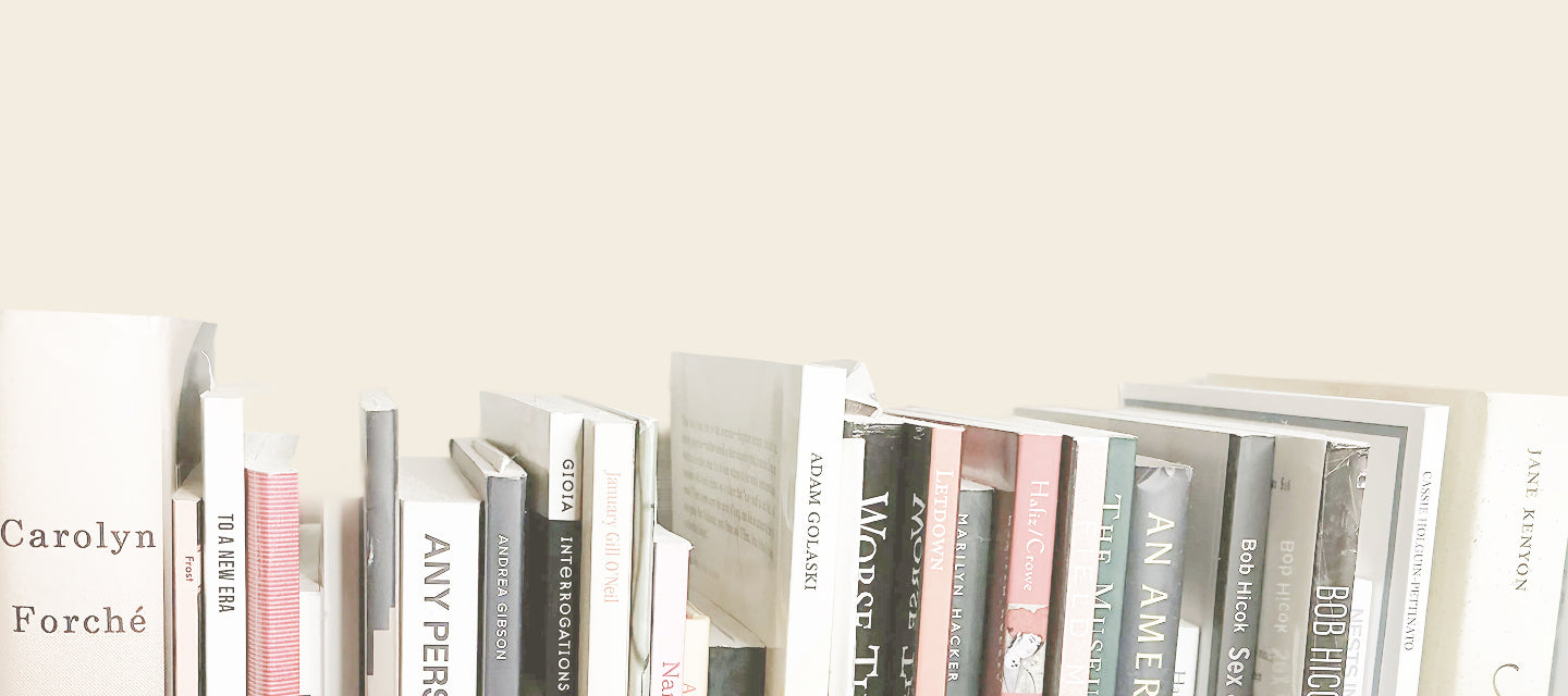 A stylized photograph of poetry books on a bookshelf with the background removed